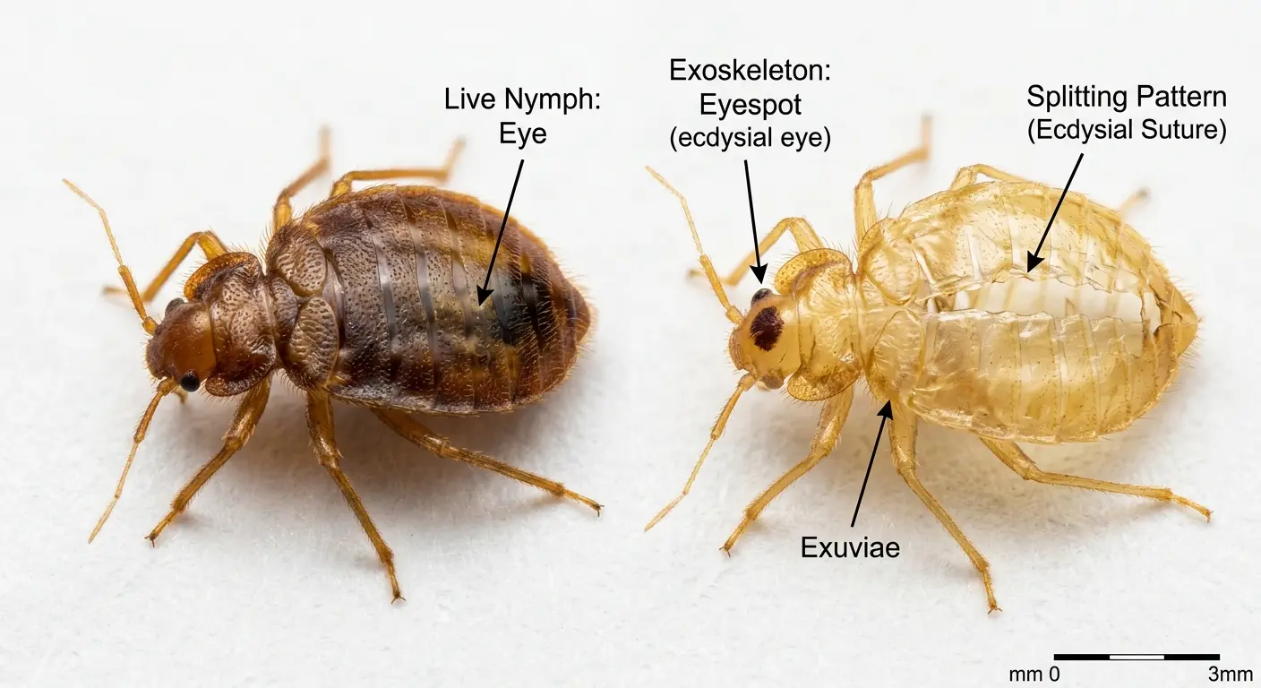 Adult bed bug actual size compared to apple seed with ruler showing 4-5 mm length