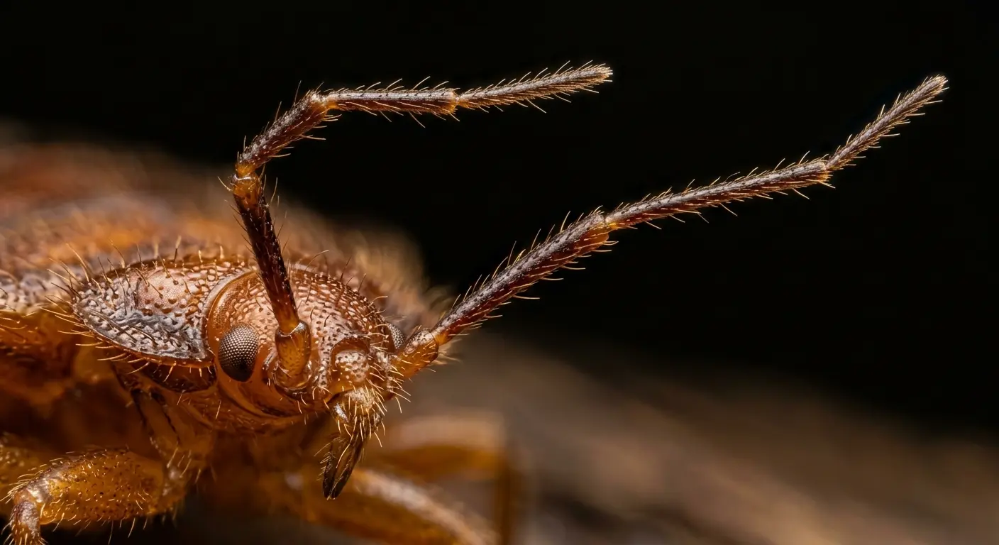 Extreme close-up of bed bug antennae showing four segments and thicker base