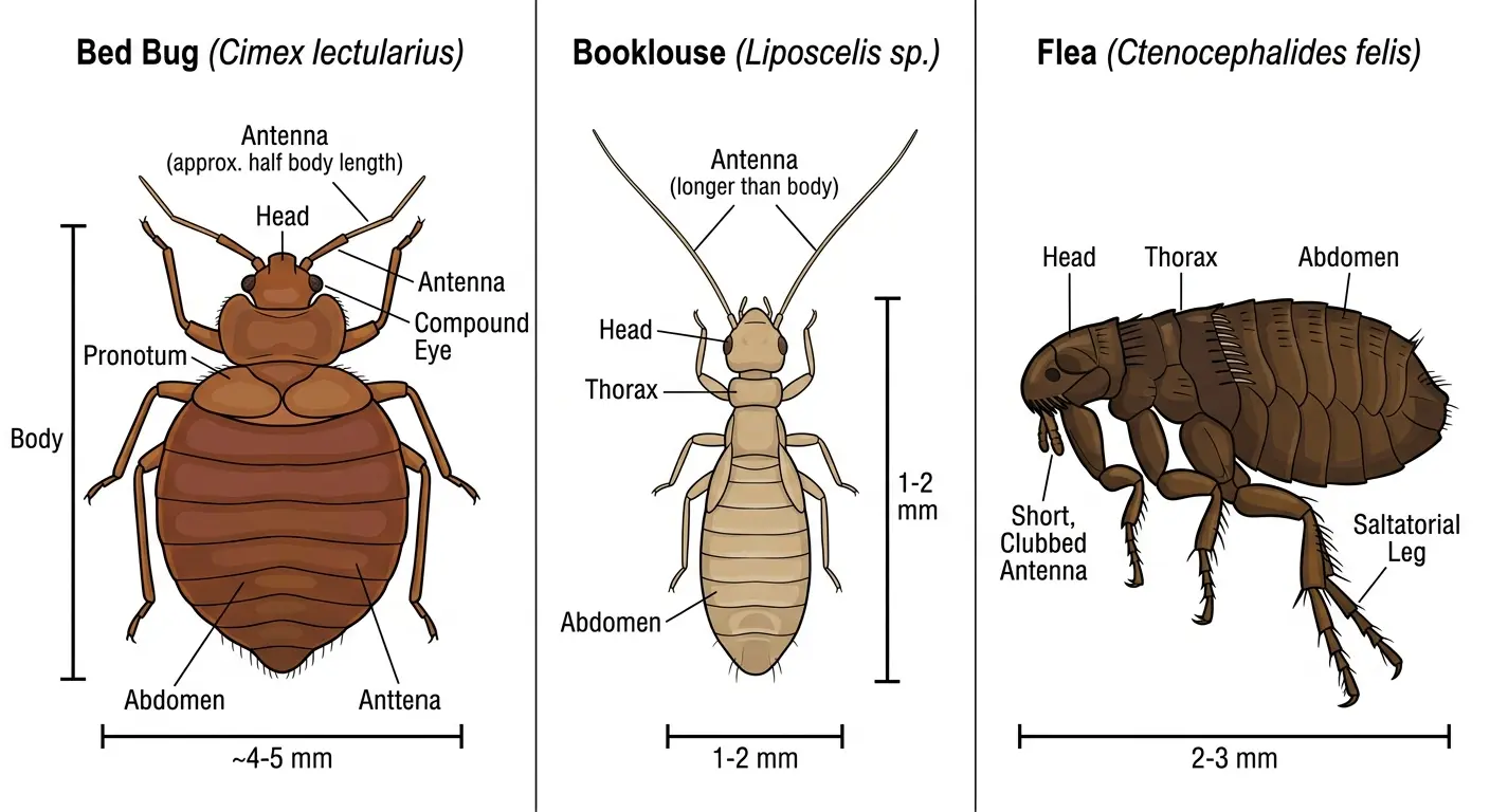 Comparison of bed bug antennae length versus booklouse and flea antennae