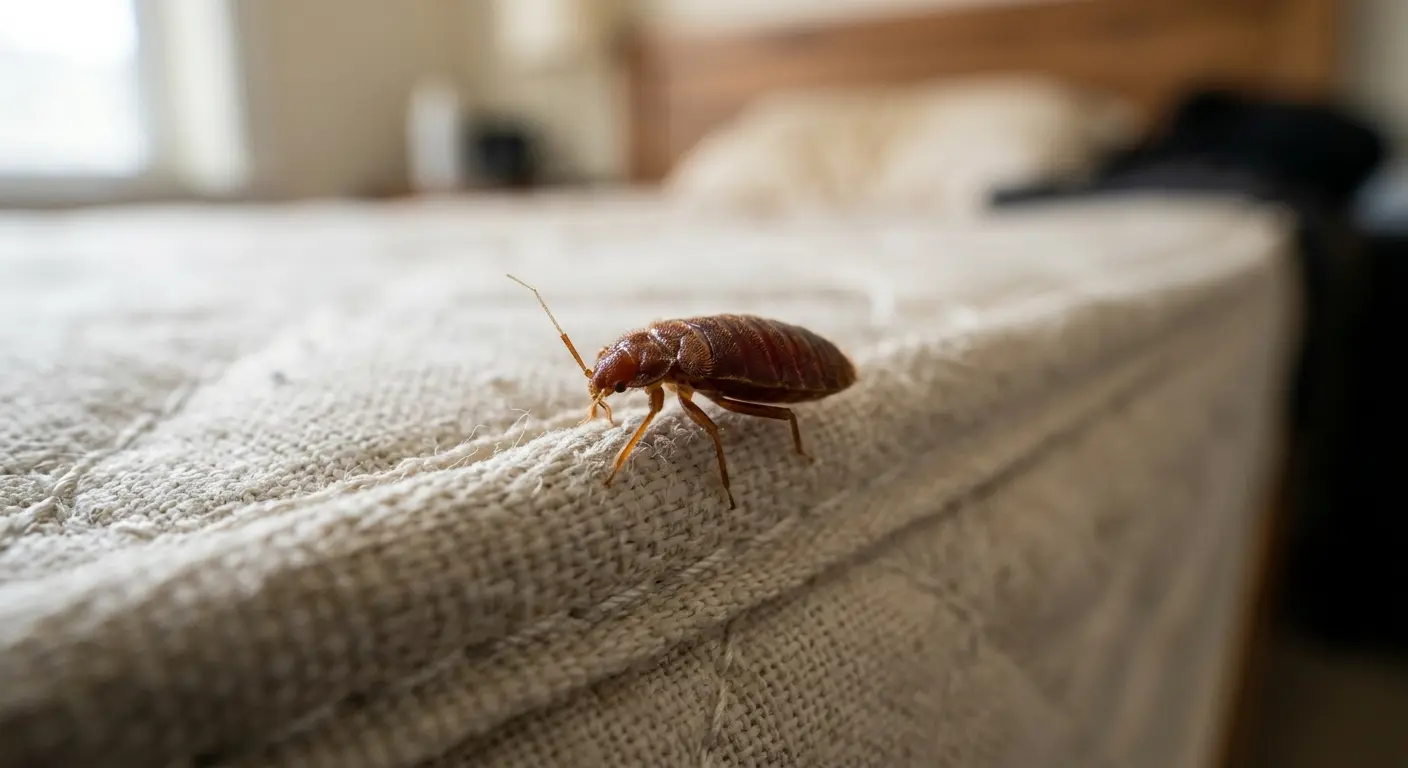 Close-up of a bed bug on a mattress seam for smell detection guide