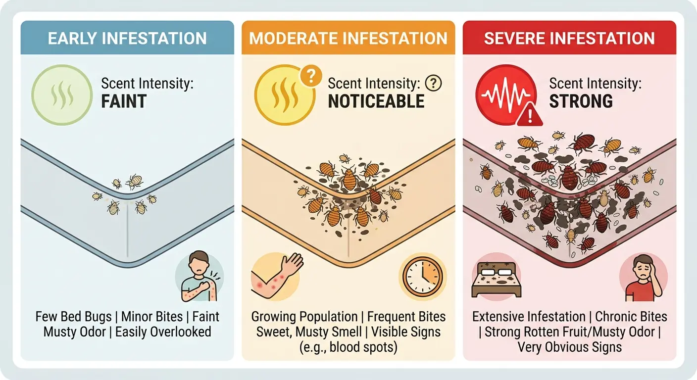 Infographic showing bed bug smell intensity at different infestation stages