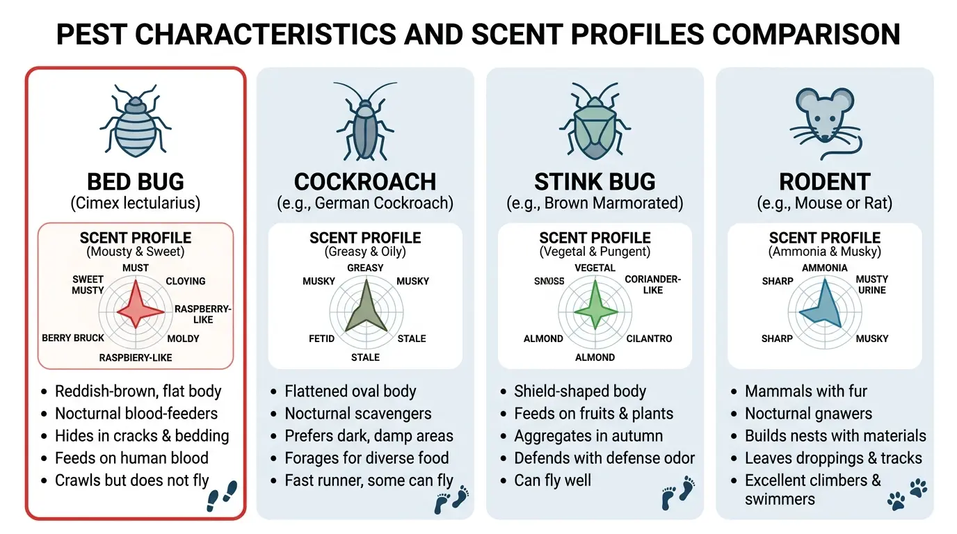 Comparison chart of bed bug smell versus cockroach, stink bug, and rodent odors