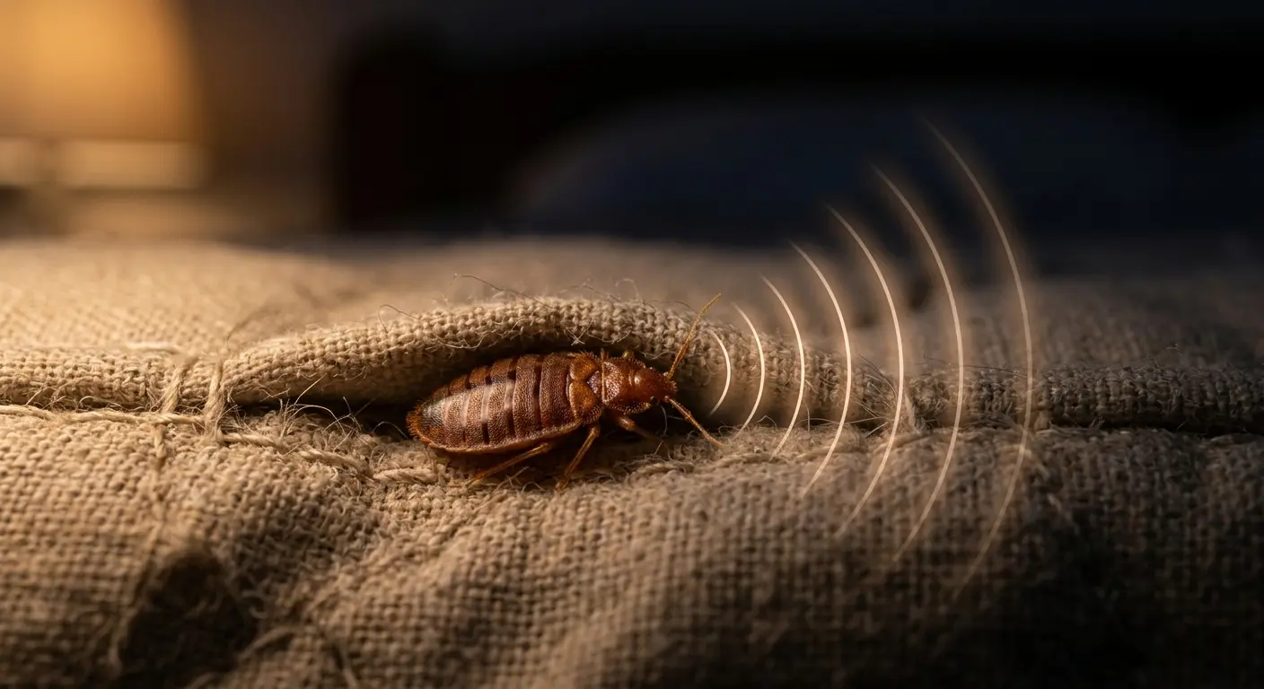 Bed bug in a mattress seam illustrating how bed bug sounds can be used for detection