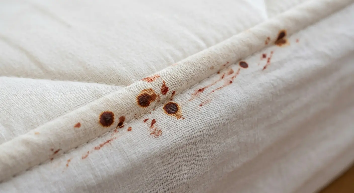 Rust-colored bed bug tracks and fecal spots on a mattress seam used for visual confirmation