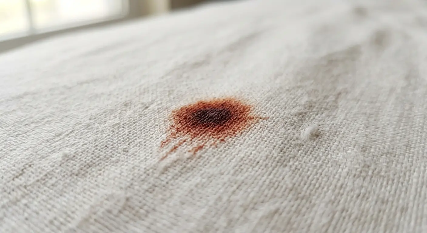 Close-up of a rust-red bed bug blood stain on a white sheet with a darker center and feathered edges