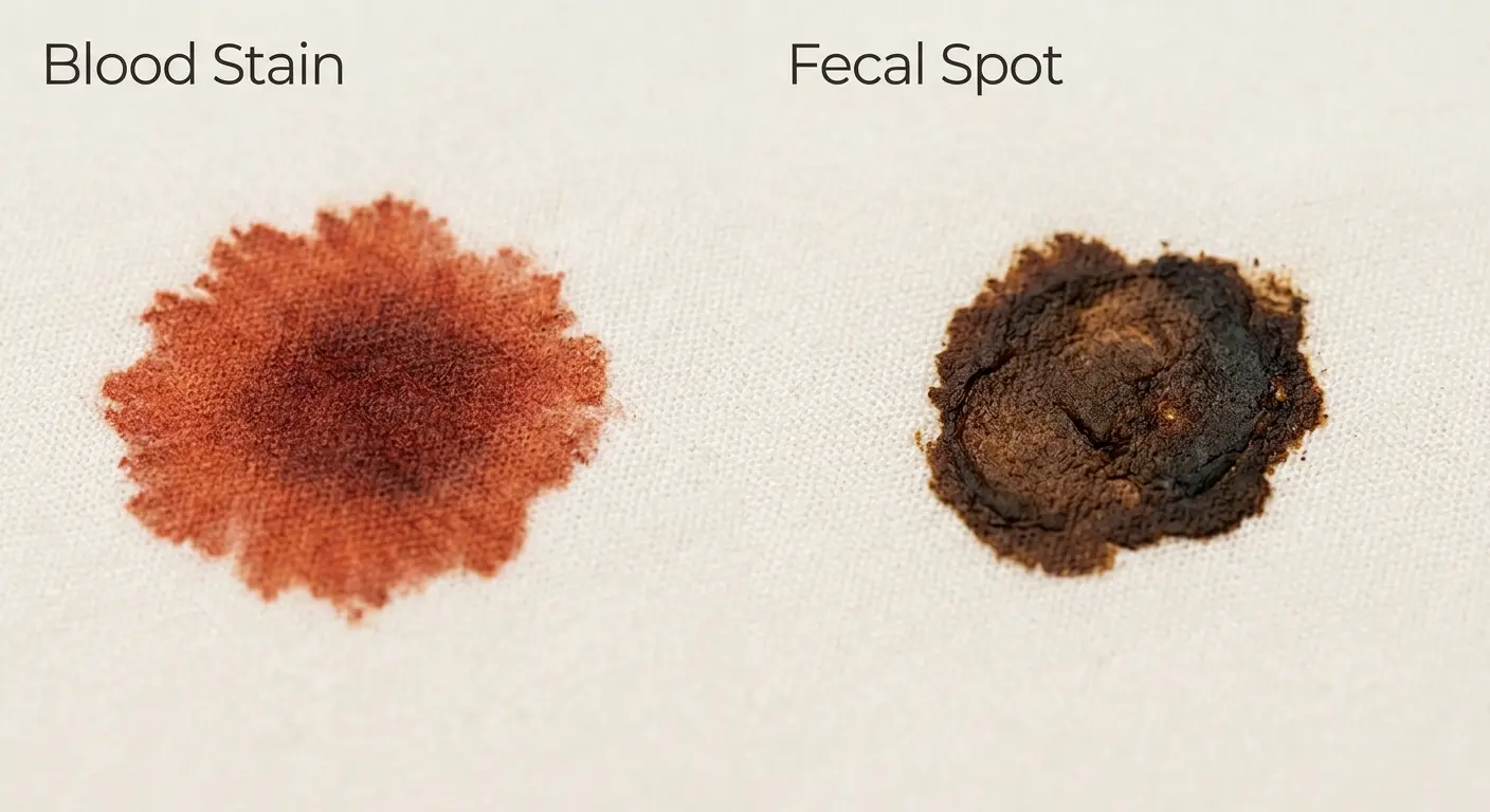 Side-by-side comparison of a rust-red bed bug blood stain and a dark brown fecal spot on mattress fabric