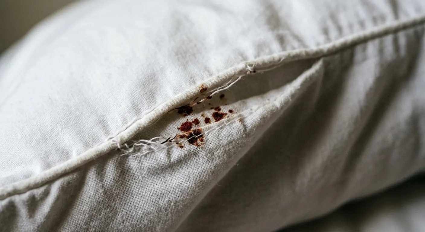Small rust-red bed bug blood stains along the seam and piping of a white pillowcase