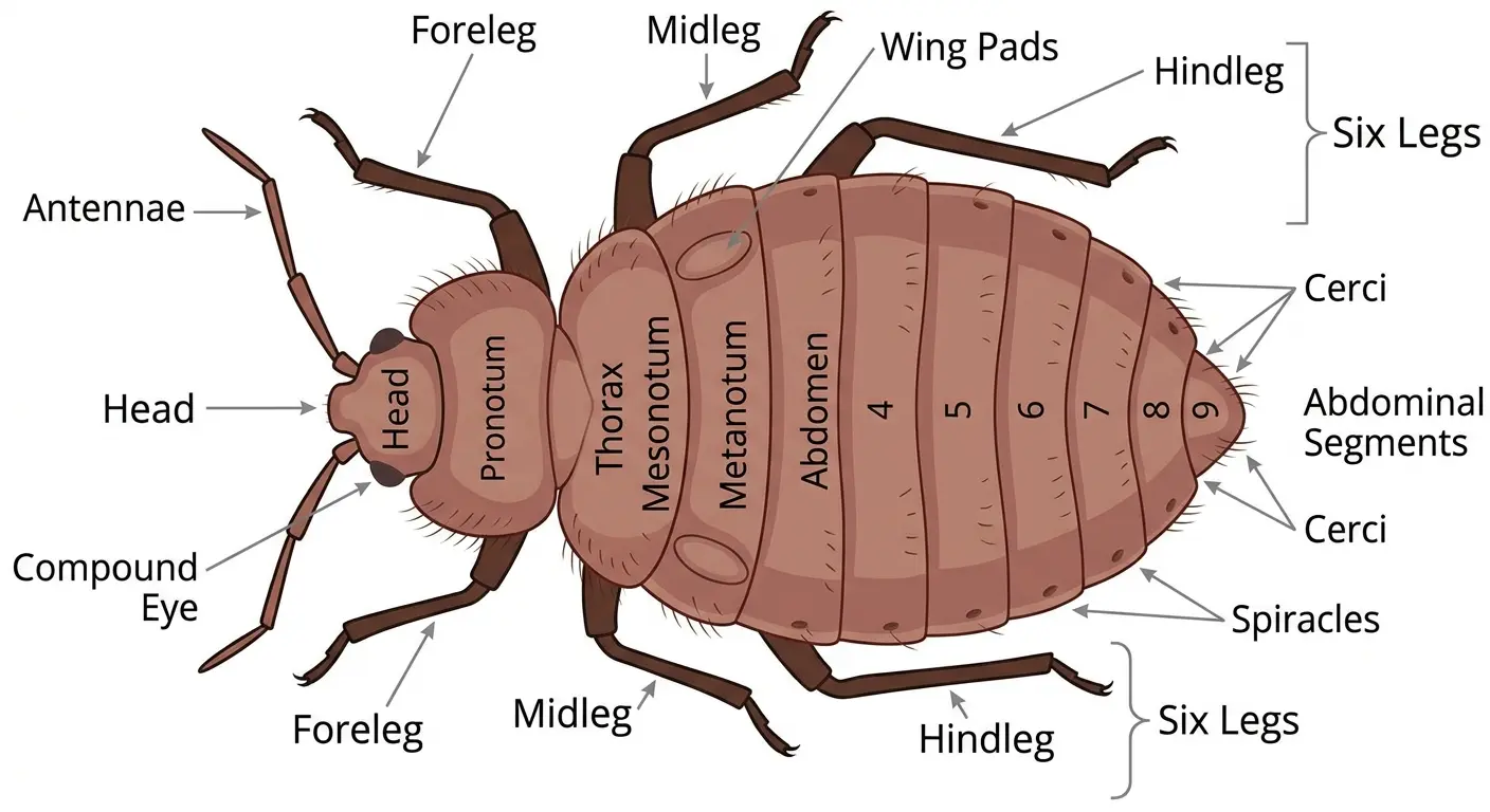 Labeled diagram of bed bug anatomy showing antennae, legs, and wing pads