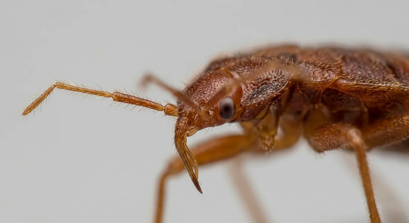 Close-up of a bed bug head showing thin four-segmented antennae with fine sensory hairs
