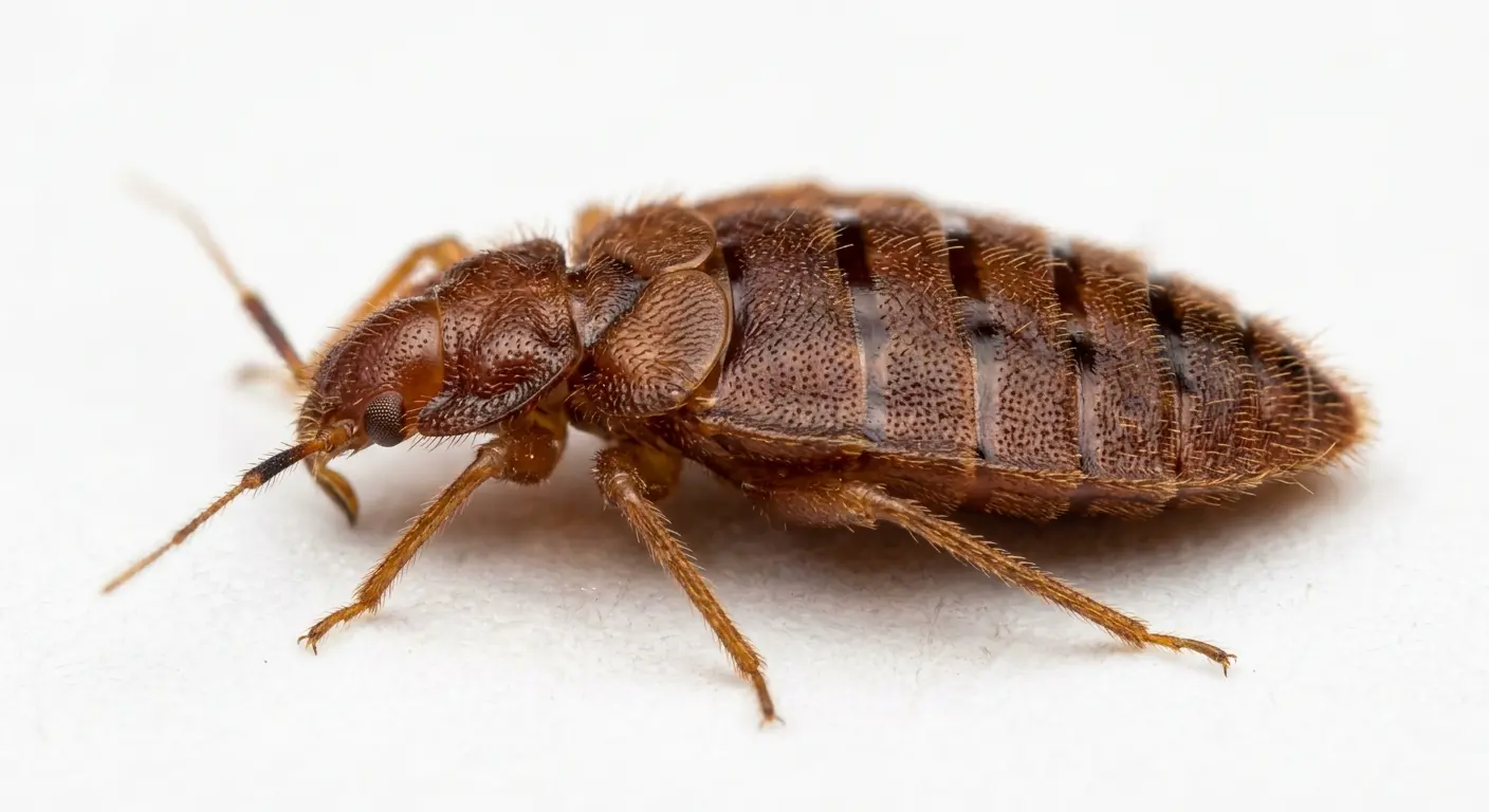 Close-up of bed bug body parts showing non-functional wing pads on thorax