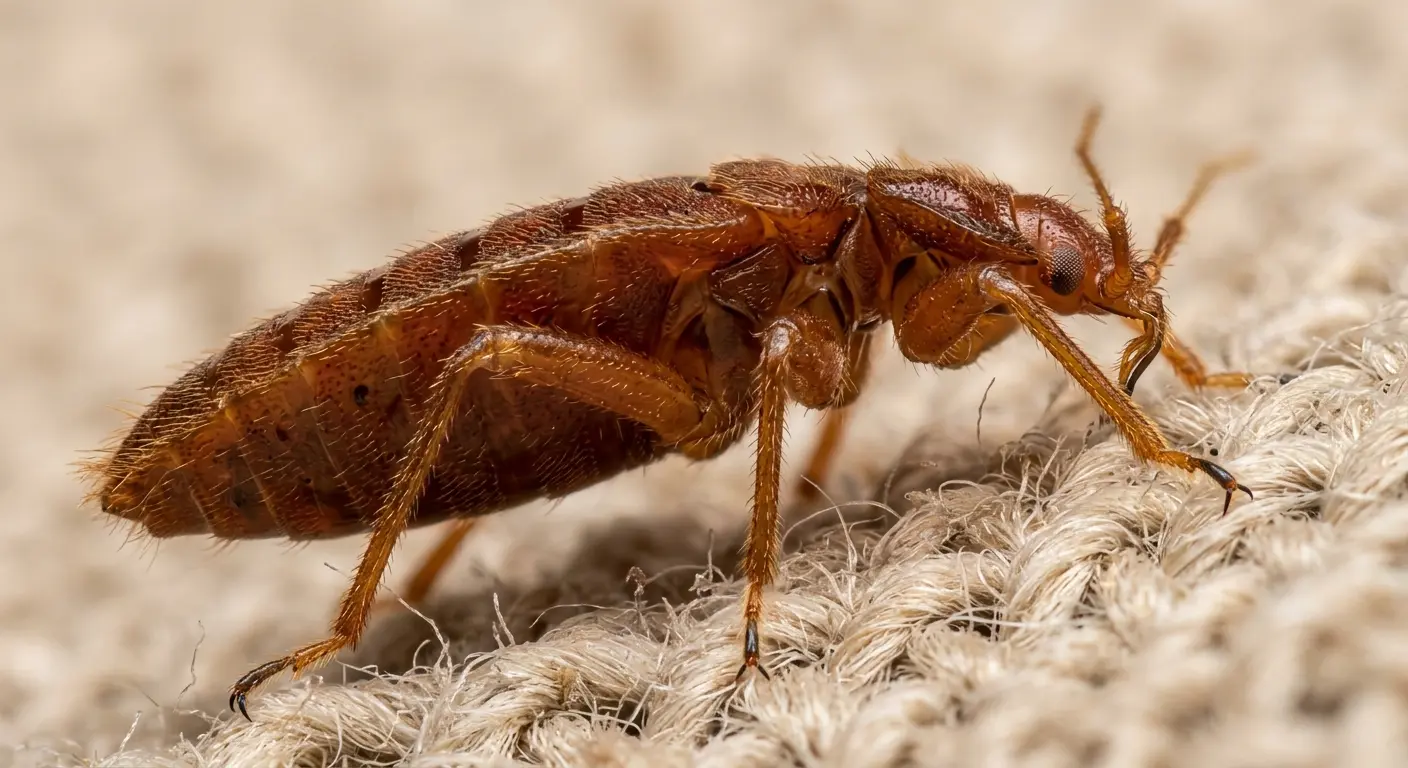 Macro view of a bed bug&rsquo;s six segmented legs with claws gripping fabric, showing femur, tibia, and tarsus