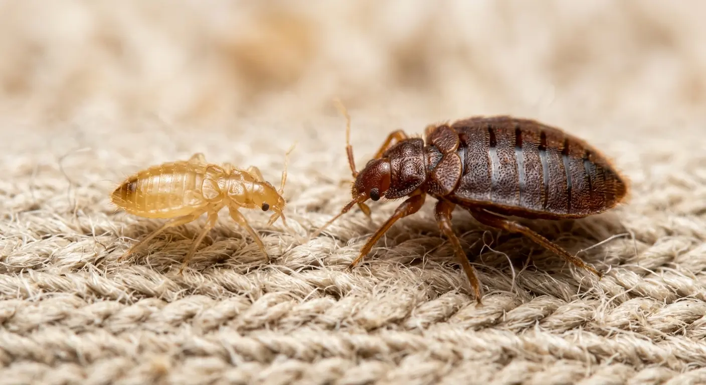 Bed bug nymph without wing pads compared to adult bed bug with wing pads