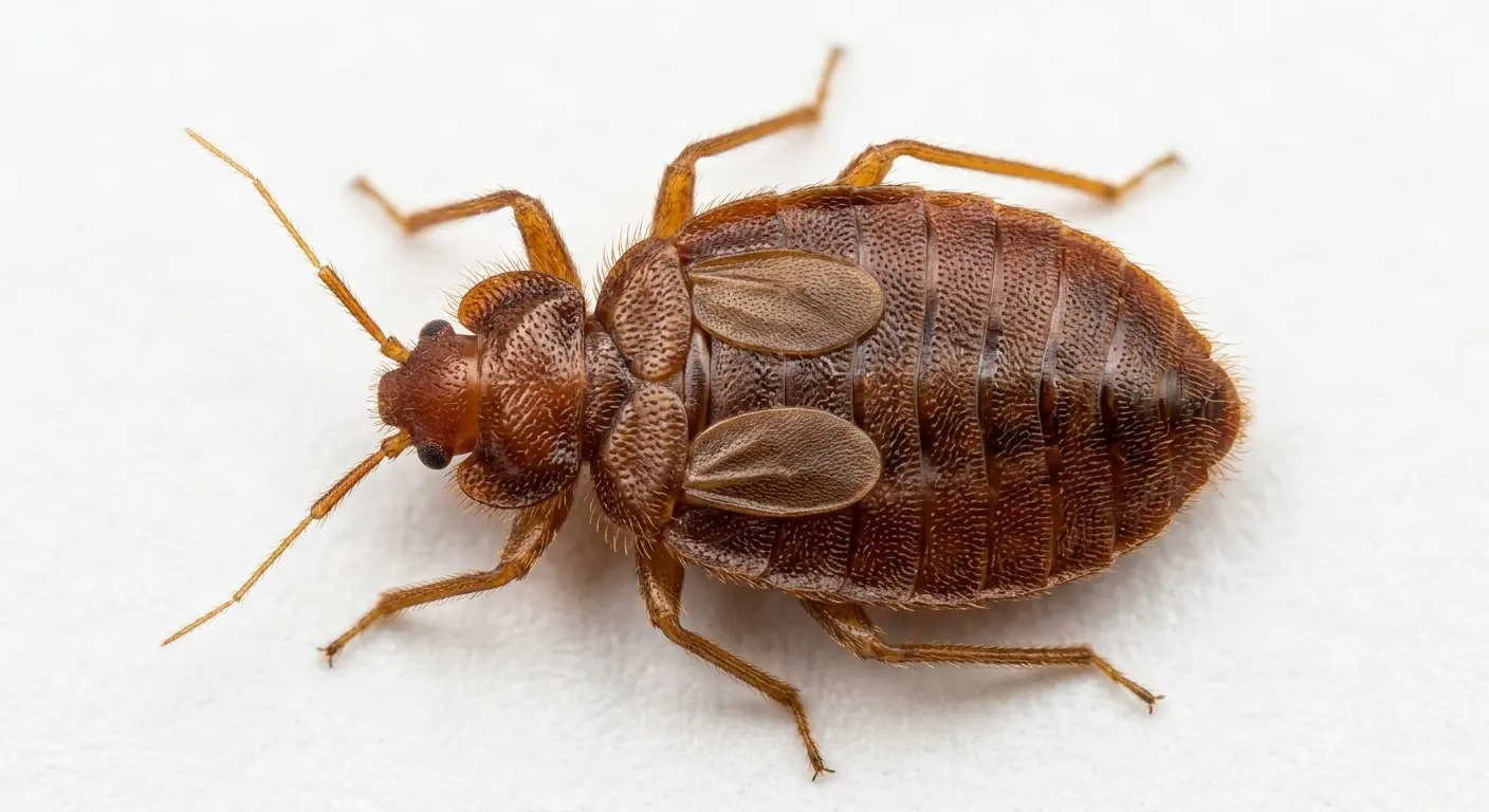 Close-up of an adult bed bug showing non-functional hemelytral wing pads on the thorax instead of true wings