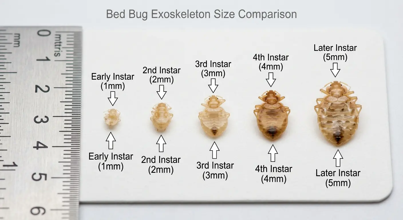 Comparison of bed bug casing sizes from 1mm to 5mm with ruler showing different nymph stages