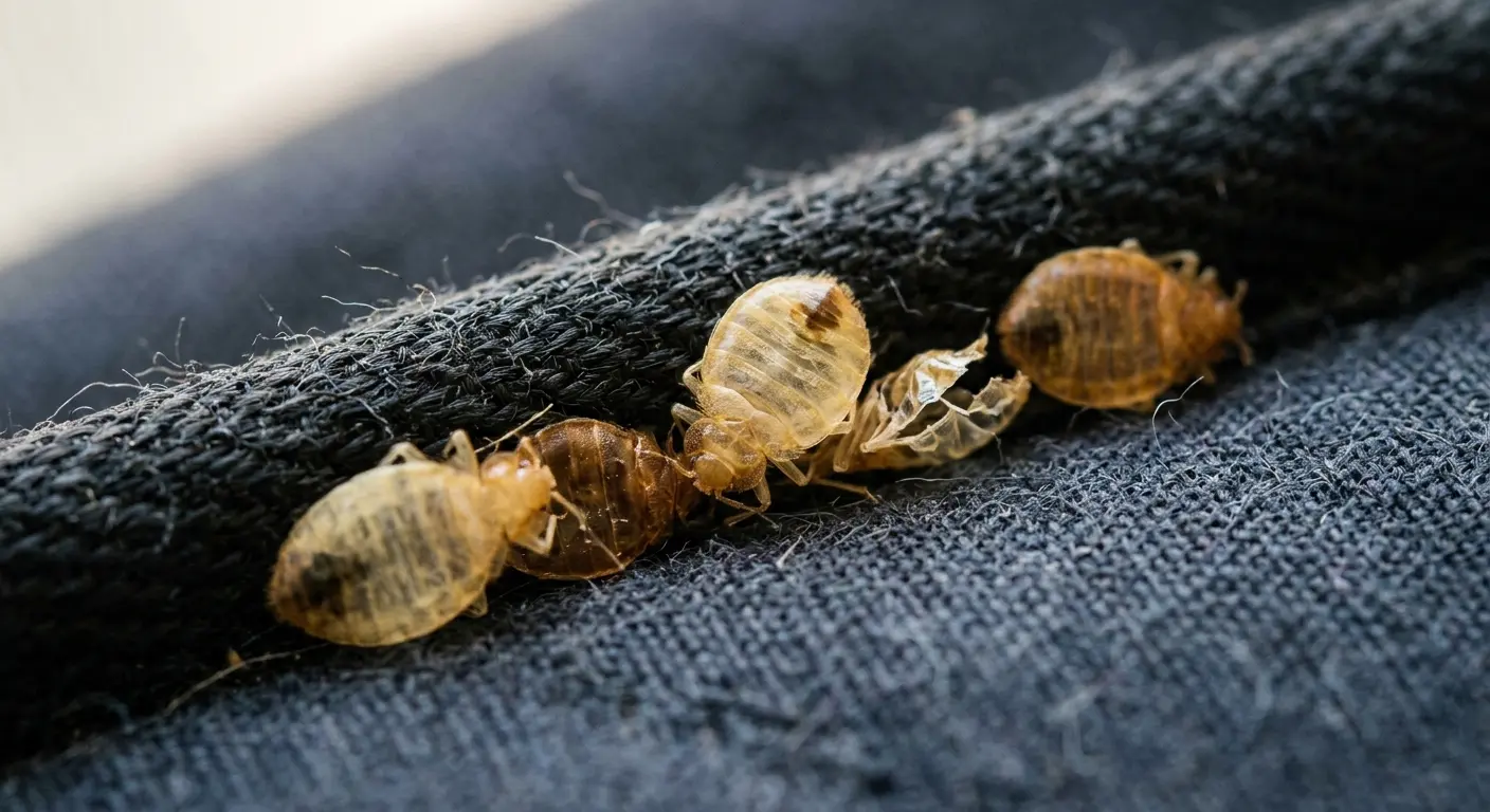 Close-up of translucent bed bug casings on a mattress seam showing pale yellow and brown shed shells
