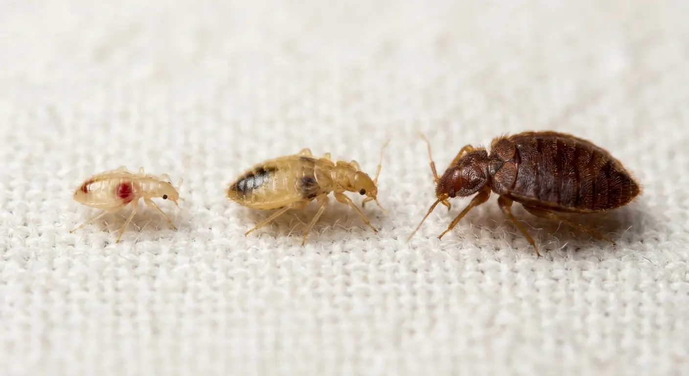 Comparison of bed bug colors from translucent white nymph to brown adult