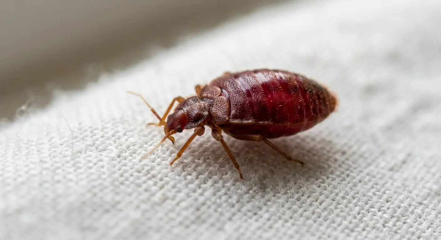 Red bed bug after blood meal showing engorged burgundy abdomen