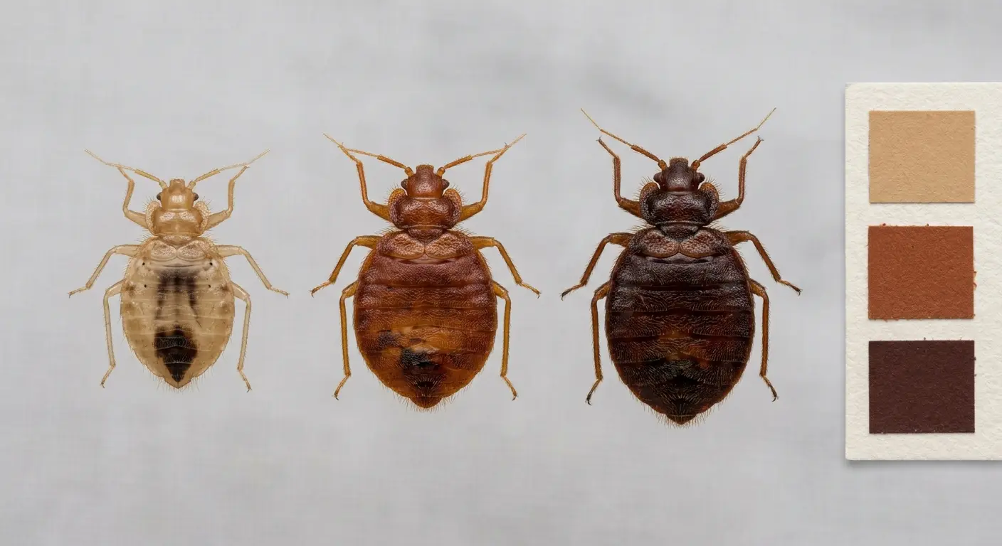Unfed bed bugs showing light tan nymph, rusty brown adult, and deep mahogany adult brown shades