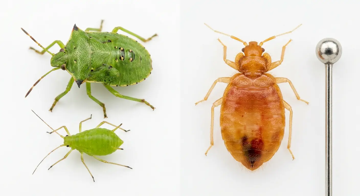 Green stink bug and aphid lookalikes compared with an orange amber-tinted recently fed bed bug nymph