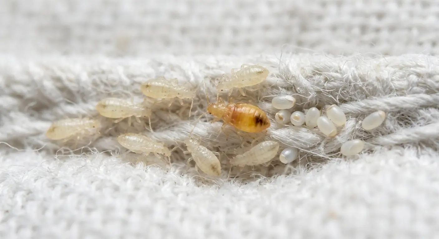 Tiny translucent white bed bug nymphs and pearly white eggs hidden in a white mattress seam