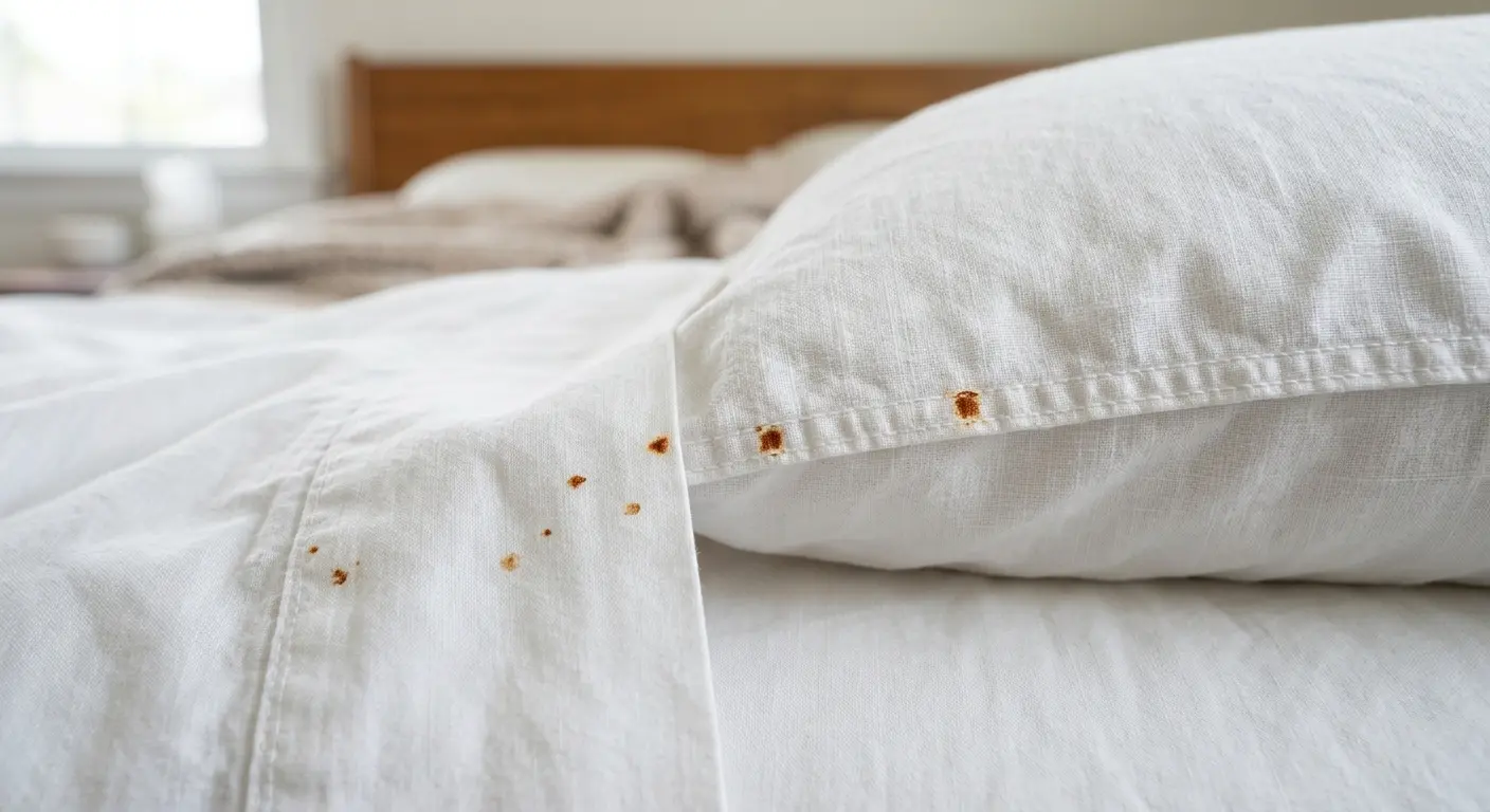 Small bright red bed bug blood spots scattered across a white pillowcase and sheet, showing fresh and dried stains