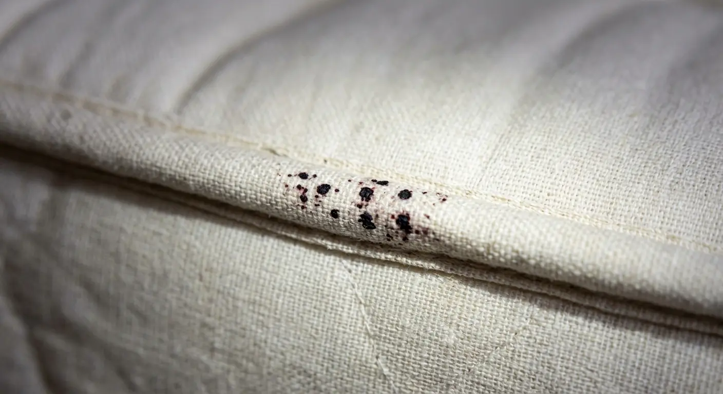 Close-up of bed bug droppings clustered along a mattress seam, appearing as dark reddish-black dots on light fabric