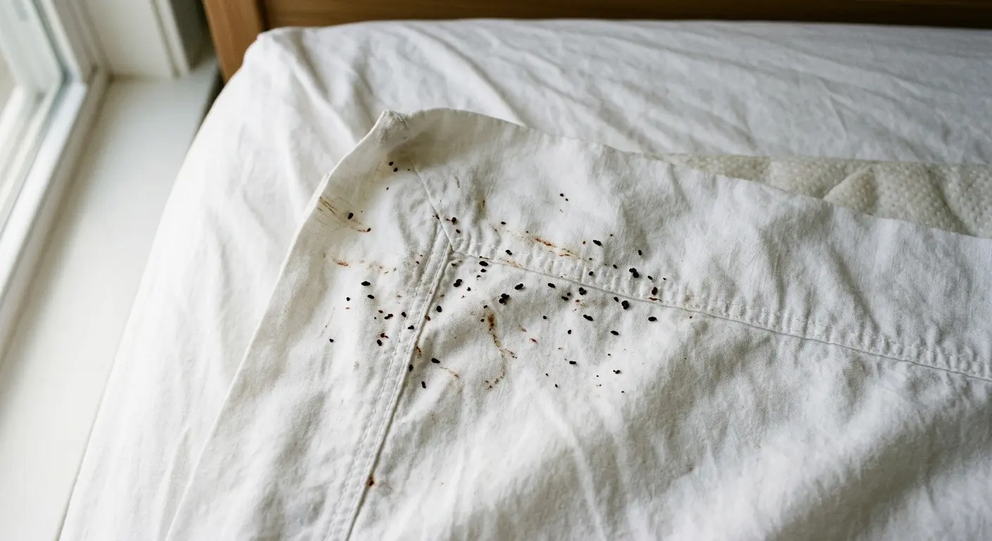 Bed bug droppings on white sheets as small dark dots and rust-colored smears soaked into the fabric
