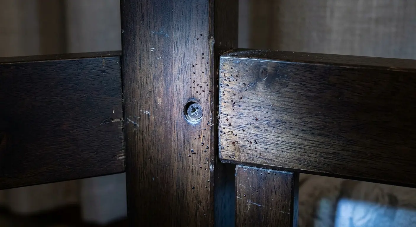Bed bug droppings on a wooden headboard, appearing as small dark crusty dots near joints and crevices