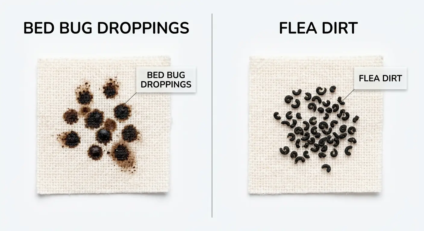 Comparison of bed bug droppings and flea dirt showing differences in size, shape, and texture for identification