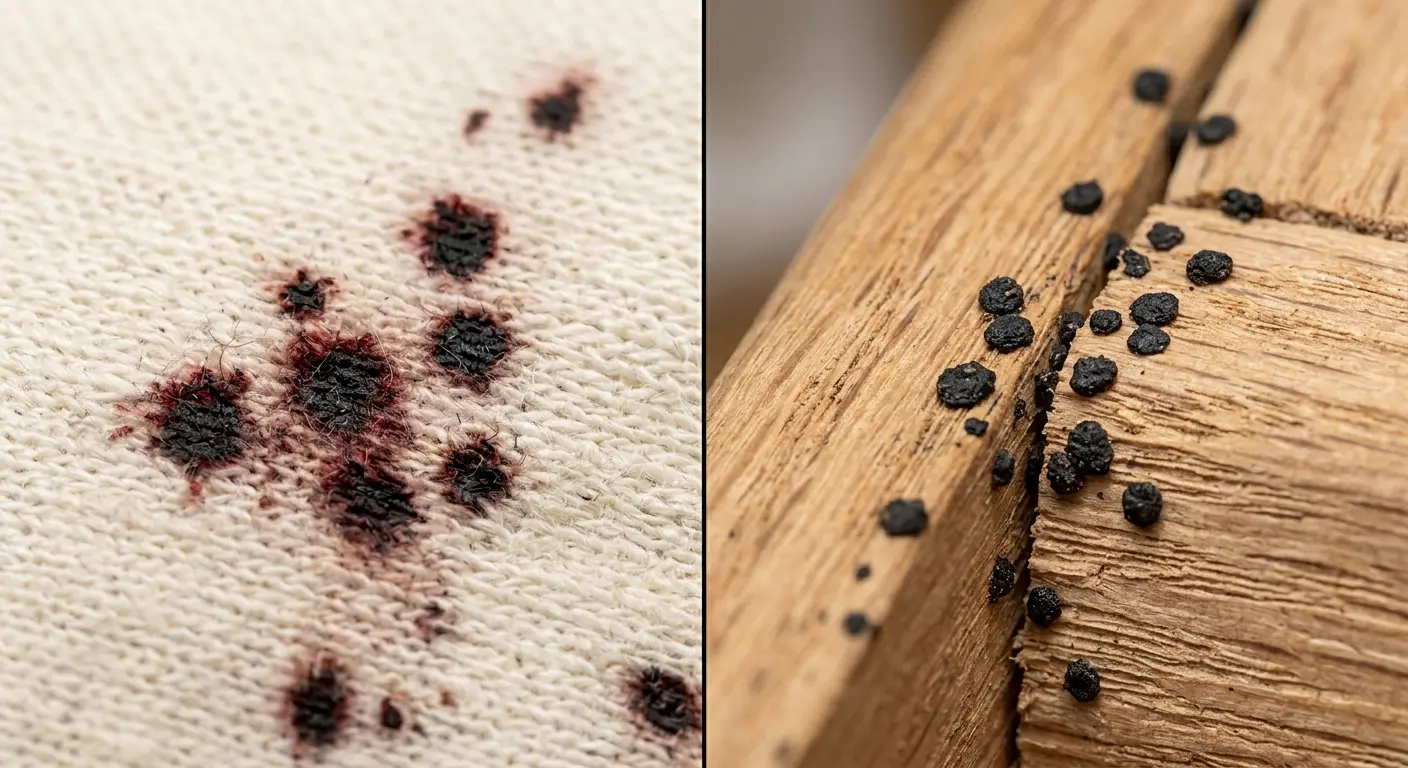 Bed bug feces shown on a light bedsheet and on a wooden bed frame joint, appearing as dark dots and crusty specks