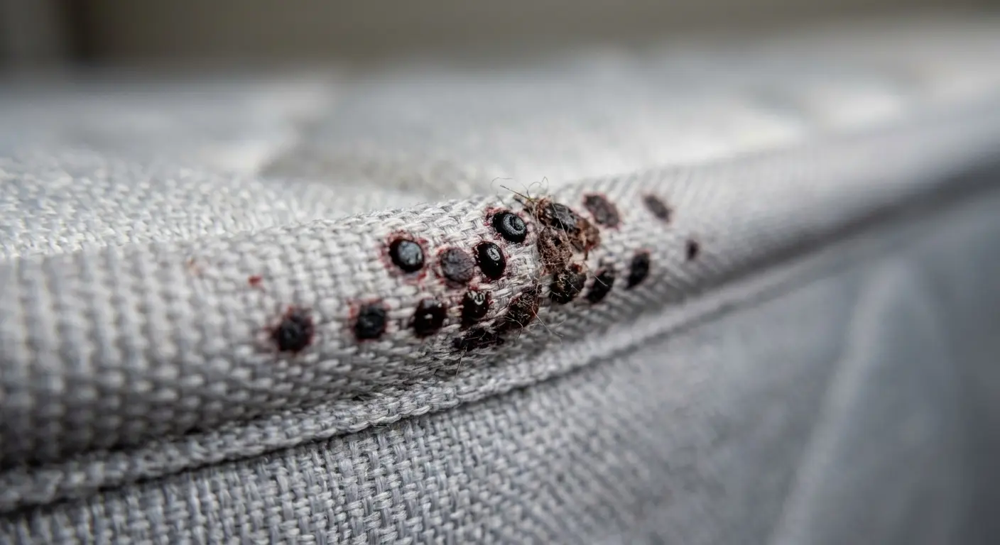 Close-up of bed bug poop appearing as clustered dark reddish-black dots and smears along a mattress seam