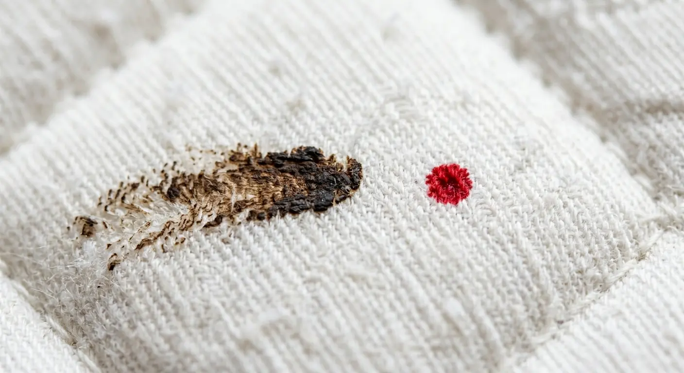 Bed bug stains on white fabric showing a dark dragged fecal smear next to a small bright red blood spot