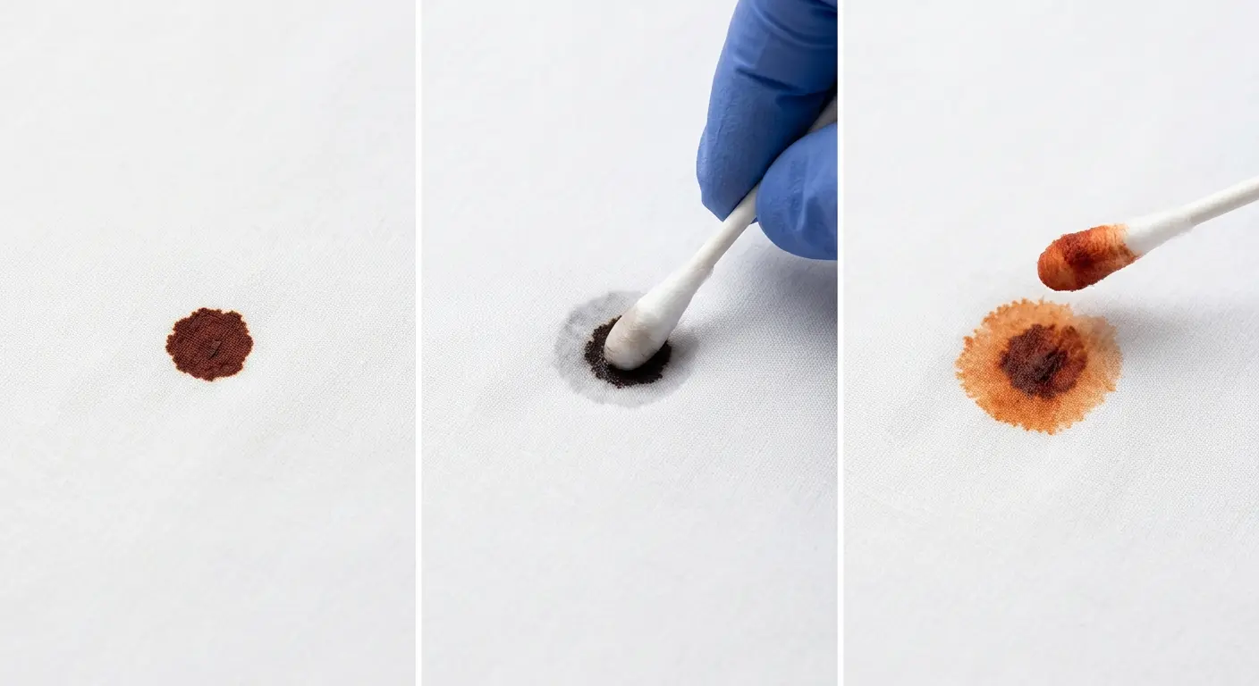 Step-by-step water test on bed bug droppings showing a rust-red smear confirming the presence of digested blood