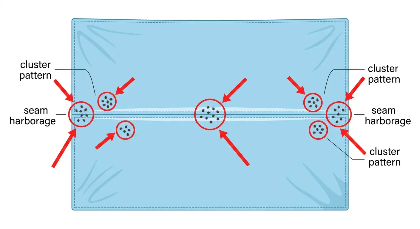 Diagram showing bed bug droppings cluster patterns along sheet seams with labeled circles for easy recognition
