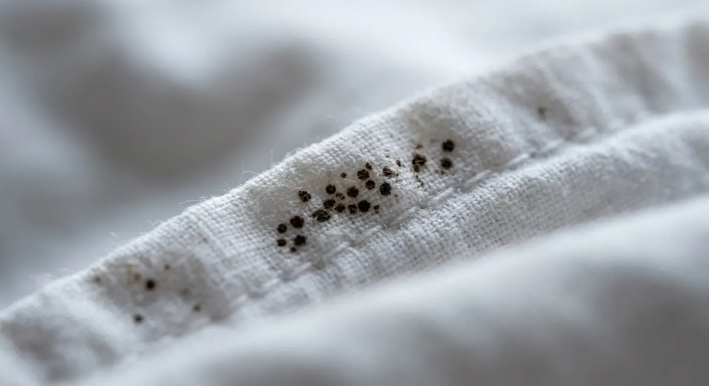 Close-up of bed bug droppings on white sheets appearing as tiny dark brown and black dots clustered near a seam