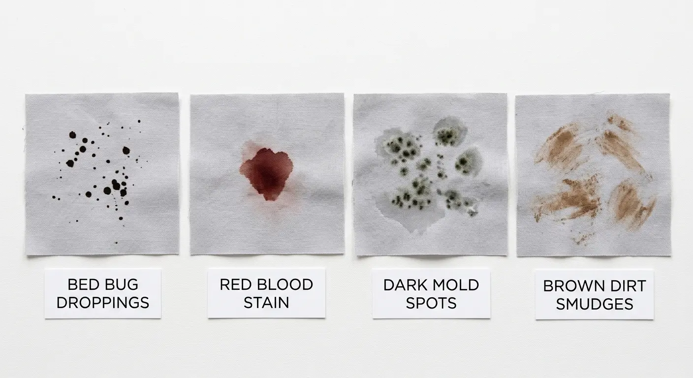 Comparison of bed bug droppings versus blood stains, mold spots, and dirt on white fabric for identification