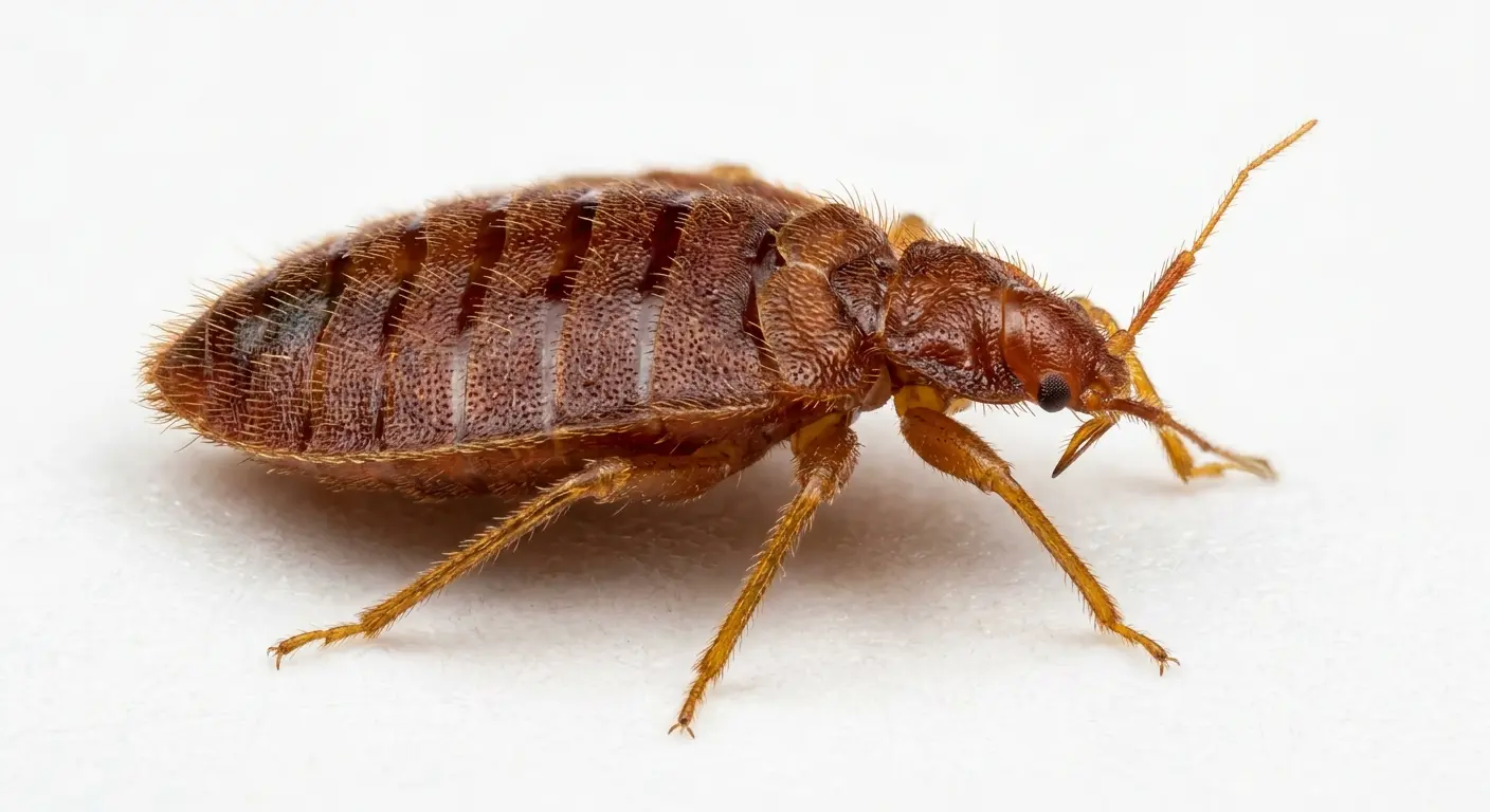 Close-up of a pale yellow bed bug exoskeleton with visible eyespots on dark fabric