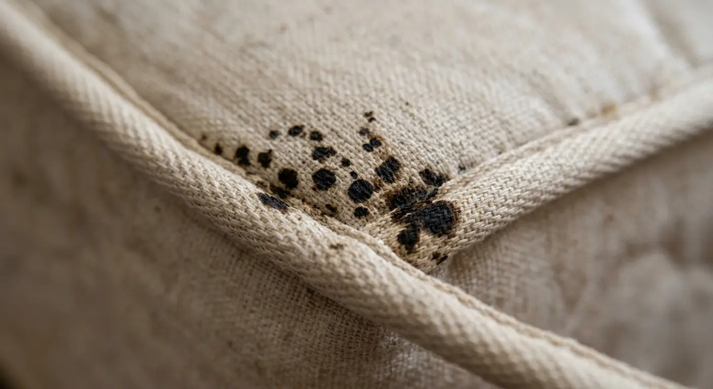 Close-up of bed bug feces spots on a mattress seam showing dark ink-like dots