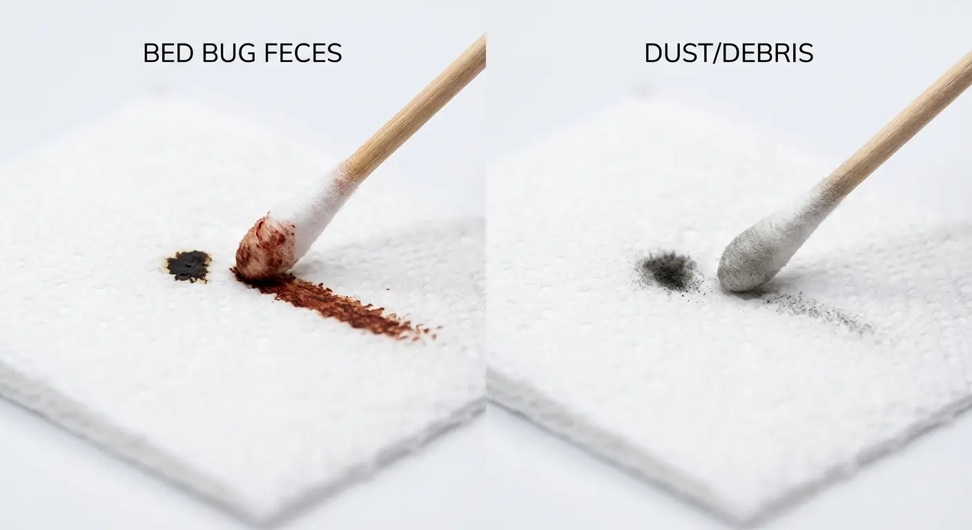Comparison of smear test results showing bed bug feces reddish streak versus dust with no color transfer