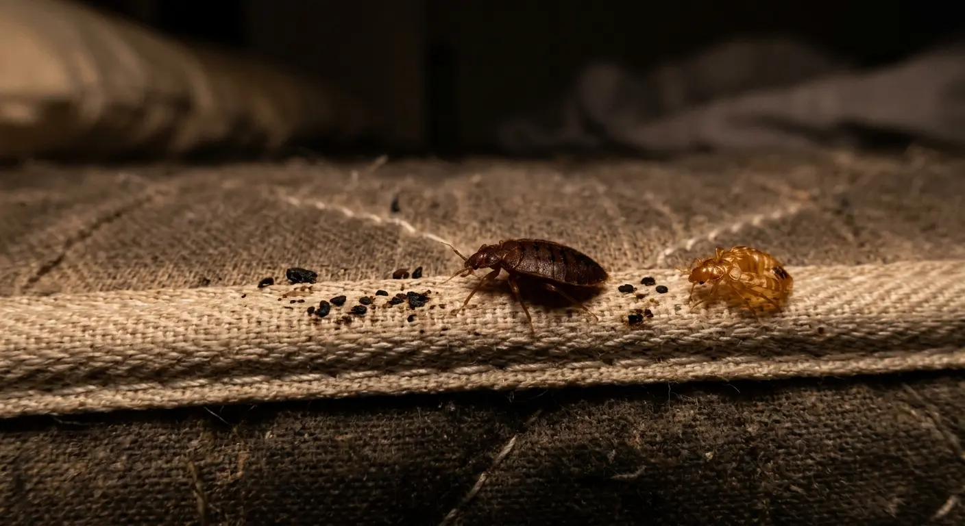 Bed bug feeding on skin, showing engorged reddish body and mouthparts