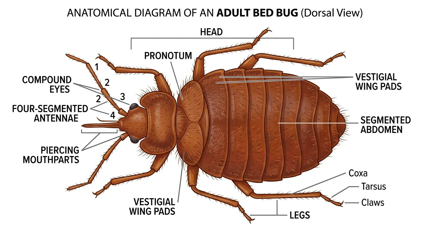 Diagram of bed bug body parts including head, thorax, abdomen, legs, antennae, and wing pads