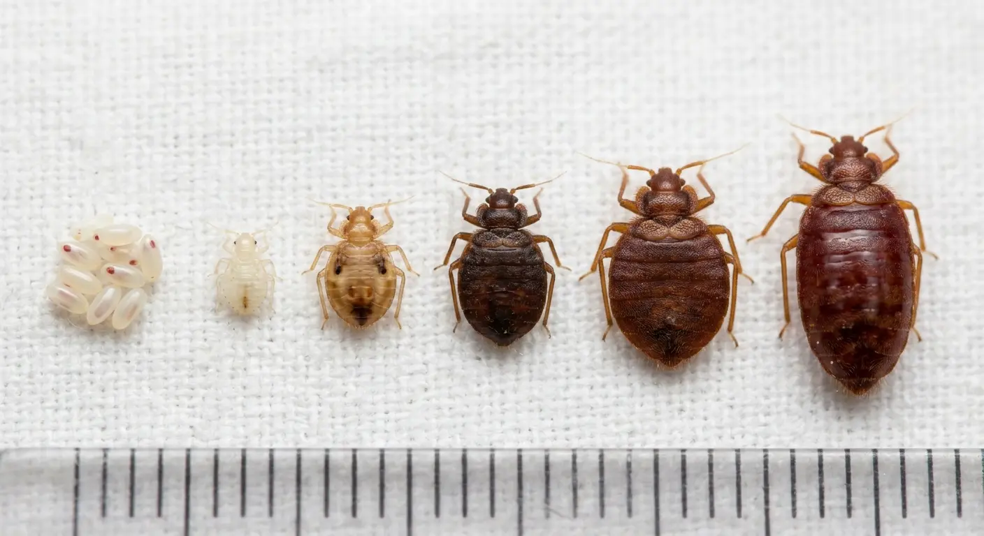 Bed bug color guide showing pearly white eggs, translucent nymph, brown unfed adult, and reddish fed adult