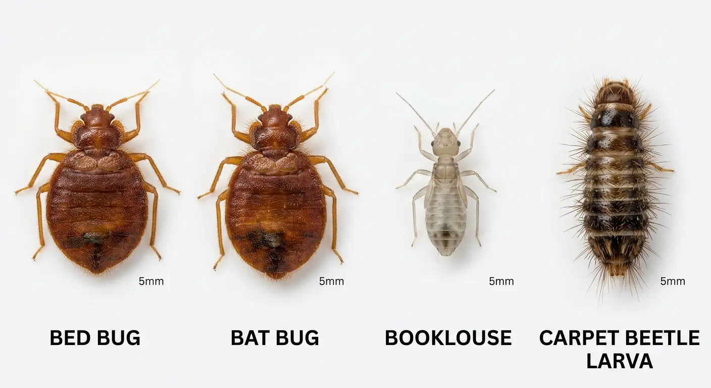 Side-by-side comparison of bed bug and common lookalikes: bat bug, booklouse, and carpet beetle larva