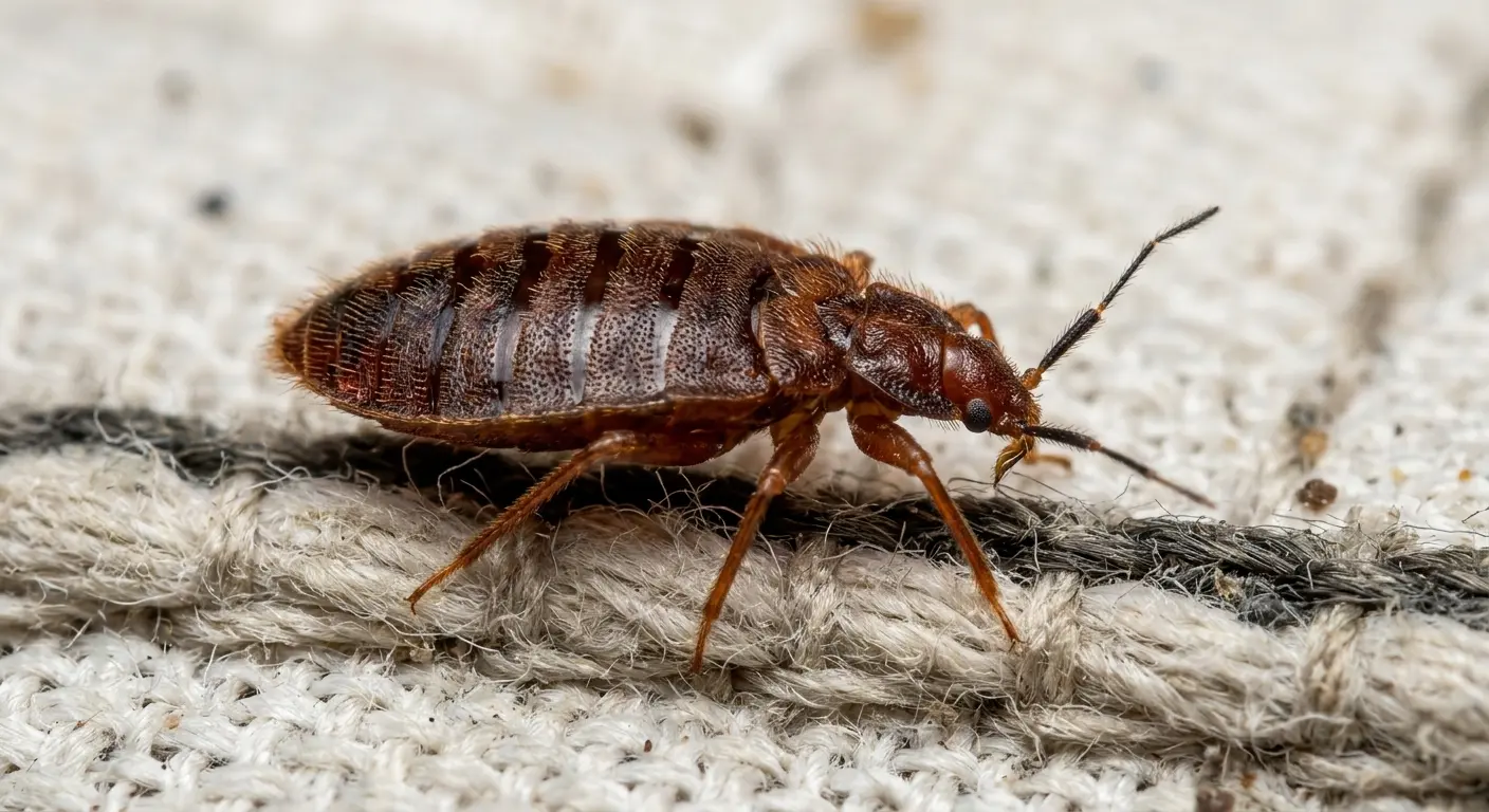 Close-up photo of an adult bed bug showing apple seed shape, brown color, and segmented body on a mattress seam