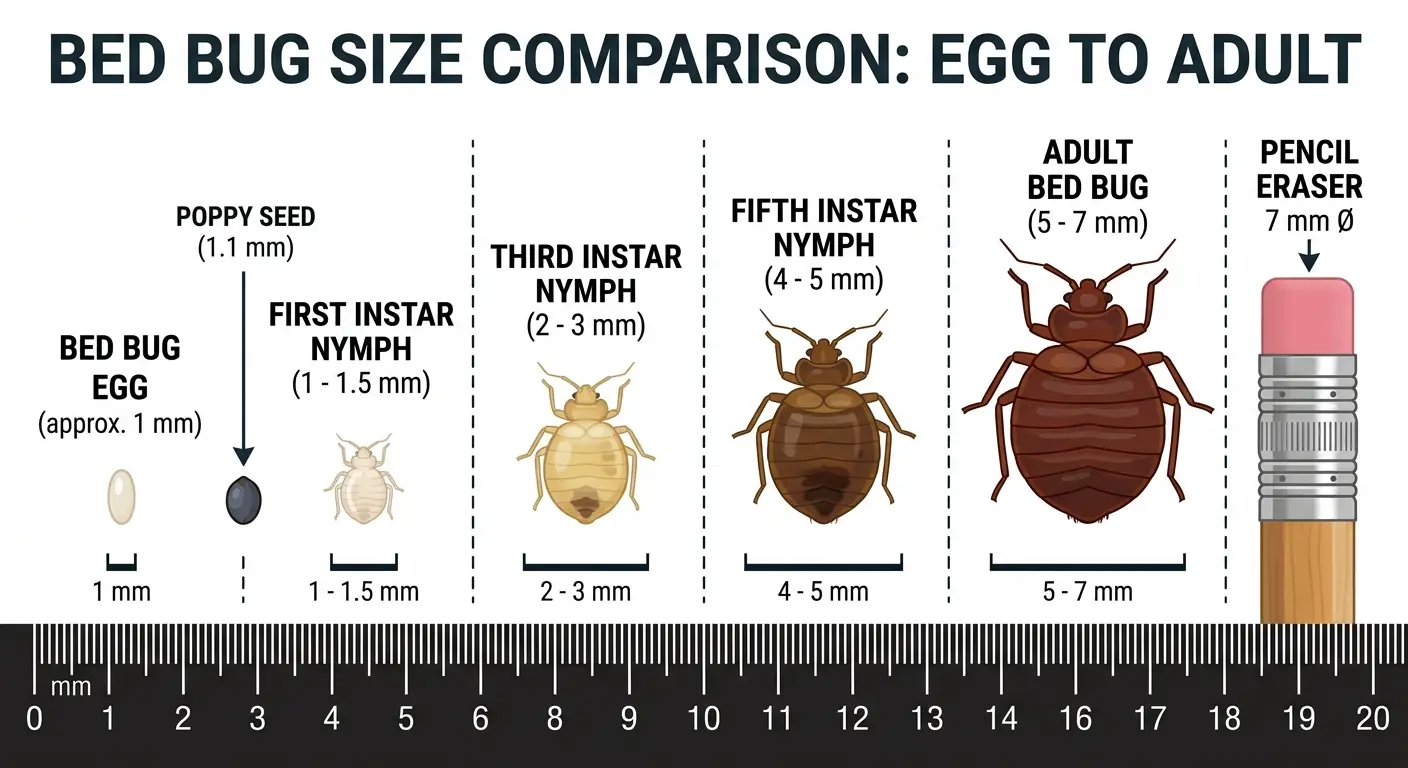 Bed bug size comparison chart showing egg, nymph, and adult sizes next to a poppy seed, apple seed, and pencil eraser