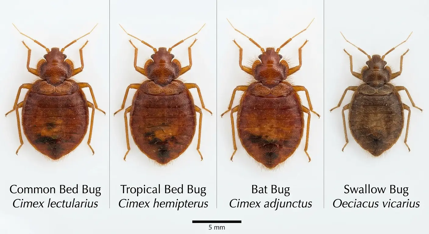 Comparison of bed bug species including common bed bug, tropical bed bug, bat bug, and swallow bug