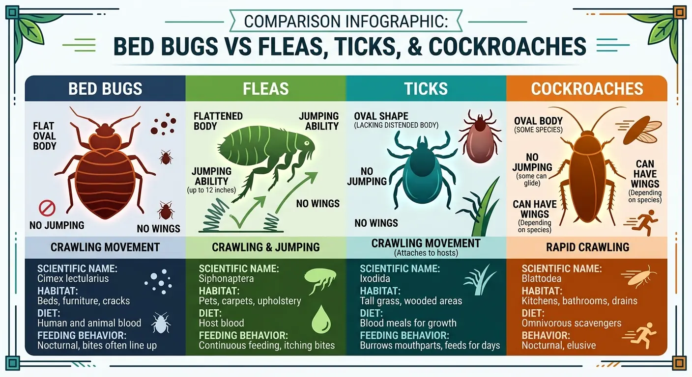 Comparison table of bed bugs vs fleas, ticks, and cockroaches showing differences in shape, size, and behavior