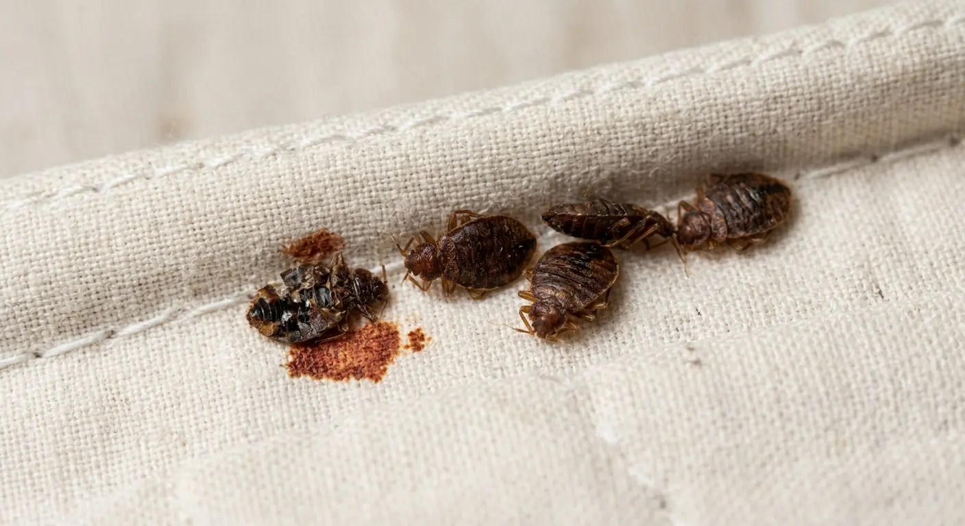 Dead bed bug carcass next to a translucent shed skin and a crushed bed bug blood smear for identification