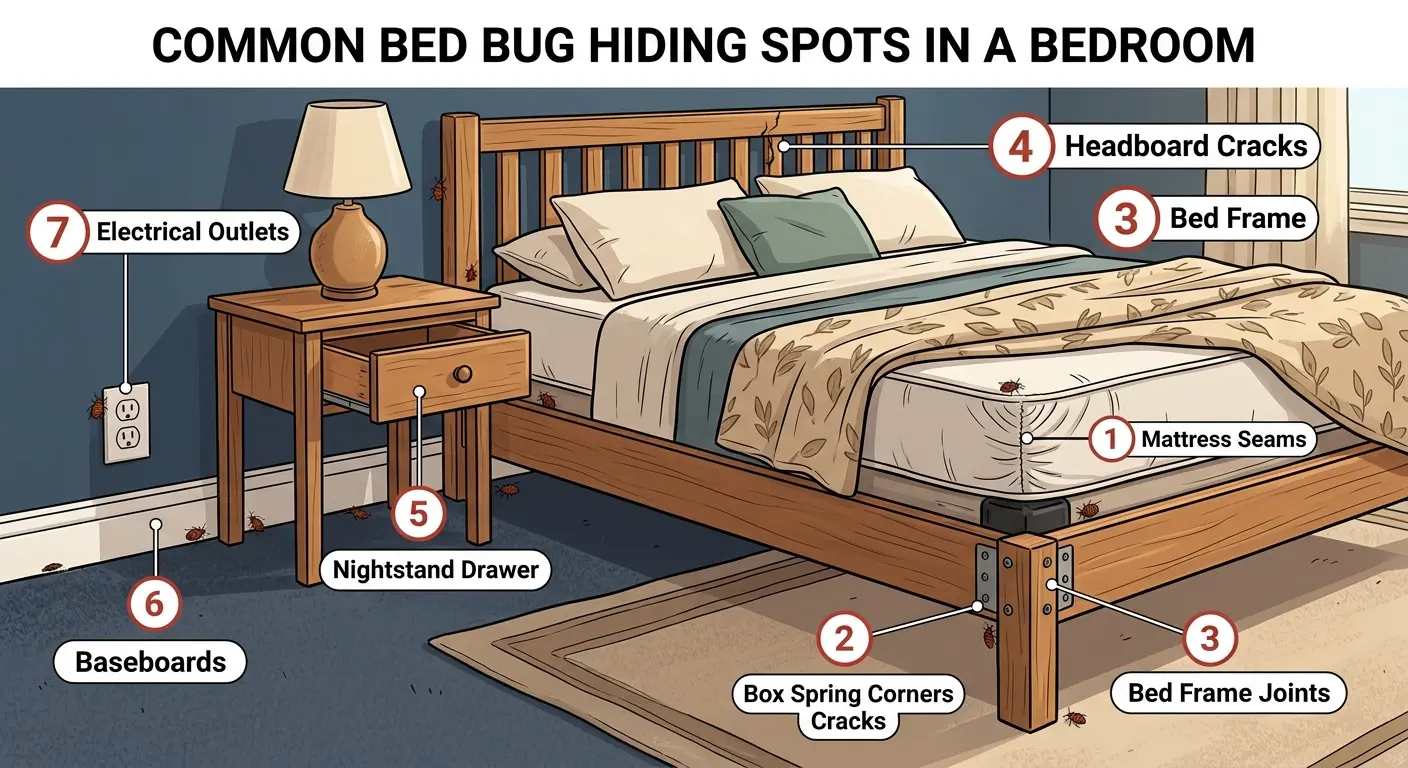 Diagram of a bedroom showing where bed bugs hide, including mattress seams, bed frame, and baseboards