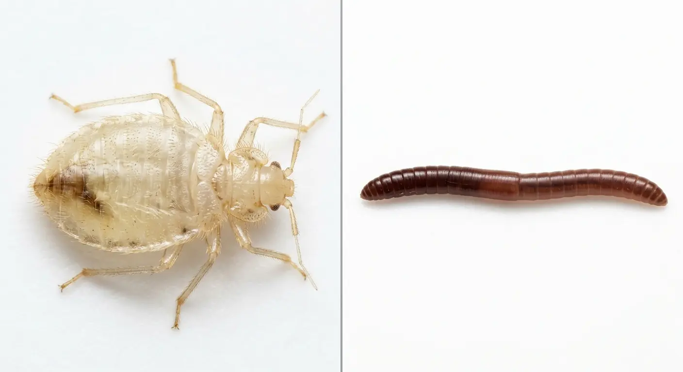 Side-by-side comparison of a bed bug nymph and a worm showing leg count and body shape differences